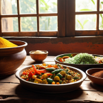 **

Vibrant Indian dishes featuring fresh, locally sourced vegetables and spices, arranged artfully on a rustic wooden table. Sunlight streaming through a window illuminates the scene, highlighting the colors and textures of the ingredients. A compost bin is subtly visible in the background. Focus on conveying a sense of freshness, health, and environmental consciousness.

**