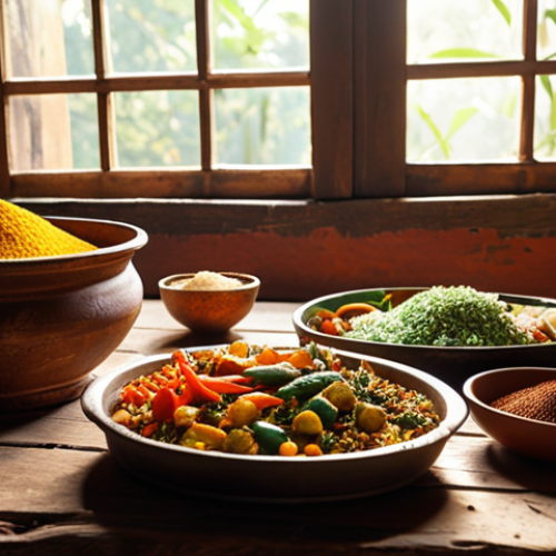Home 15 **
Vibrant Indian dishes featuring fresh, locally sourced vegetables and spices, arranged artfully on a rustic wooden table. Sunlight streaming through a window illuminates the scene, highlighting the colors and textures of the ingredients. A compost bin is subtly visible in the background. Focus on conveying a sense of freshness, health, and environmental consciousness.
**