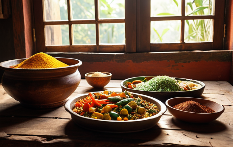 **
Vibrant Indian dishes featuring fresh, locally sourced vegetables and spices, arranged artfully on a rustic wooden table. Sunlight streaming through a window illuminates the scene, highlighting the colors and textures of the ingredients. A compost bin is subtly visible in the background. Focus on conveying a sense of freshness, health, and environmental consciousness.
**