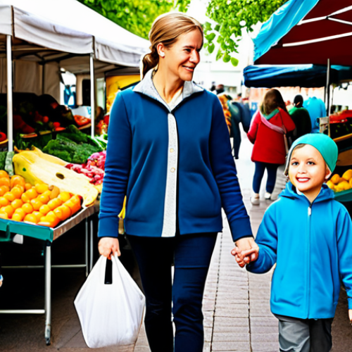 Home 14 A caring mother, fully clothed in modest, comfortable everyday attire, walks with her young son and daughter, also fully clothed in appropriate attire, through a vibrant outdoor farmers' market. They are surrounded by stalls abundant with colorful, fresh, seasonal fruits and vegetables. The mother points to a display of produce while holding a reusable fabric shopping bag. The children observe with curiosity and wonder. The scene is illuminated by soft, natural daylight, conveying a warm, family-friendly atmosphere. This is a safe for work, appropriate content, professional photography piece, showcasing perfect anatomy, correct proportions, well-formed hands, and natural poses.