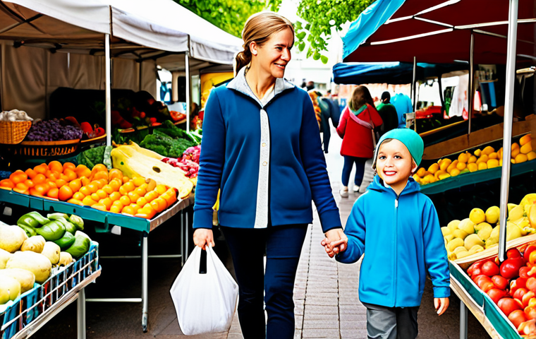 A caring mother, fully clothed in modest, comfortable everyday attire, walks with her young son and daughter, also fully clothed in appropriate attire, through a vibrant outdoor farmers' market. They are surrounded by stalls abundant with colorful, fresh, seasonal fruits and vegetables. The mother points to a display of produce while holding a reusable fabric shopping bag. The children observe with curiosity and wonder. The scene is illuminated by soft, natural daylight, conveying a warm, family-friendly atmosphere. This is a safe for work, appropriate content, professional photography piece, showcasing perfect anatomy, correct proportions, well-formed hands, and natural poses.