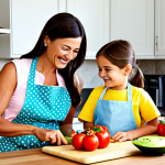 Family-Friendly Meal Prep**

"A brightly lit kitchen scene featuring a mother and child preparing a healthy meal together. The mother is wearing a modest apron and the child is wearing a colorful, age-appropriate outfit. They are chopping vegetables and smiling. The kitchen is clean and well-organized, with various fruits and vegetables visible. safe for work, appropriate content, fully clothed, professional photography, perfect anatomy, natural proportions, family-friendly"

**