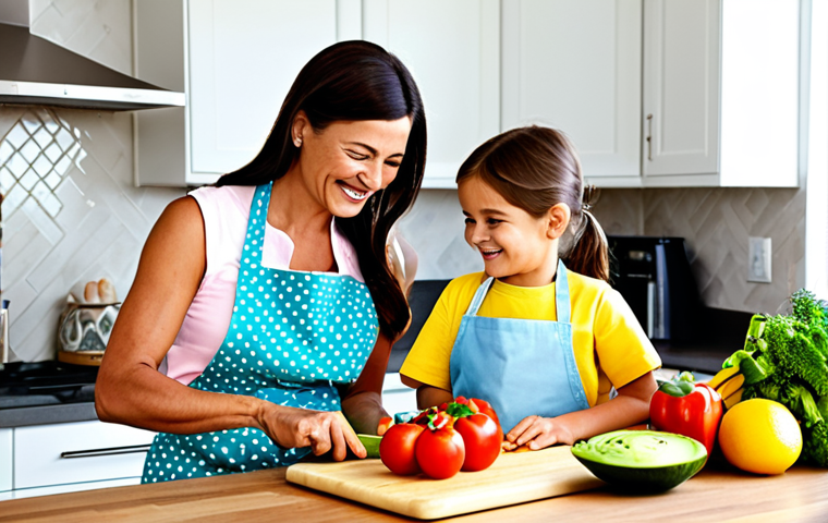 Family-Friendly Meal Prep**

"A brightly lit kitchen scene featuring a mother and child preparing a healthy meal together. The mother is wearing a modest apron and the child is wearing a colorful, age-appropriate outfit. They are chopping vegetables and smiling. The kitchen is clean and well-organized, with various fruits and vegetables visible. safe for work, appropriate content, fully clothed, professional photography, perfect anatomy, natural proportions, family-friendly"

**