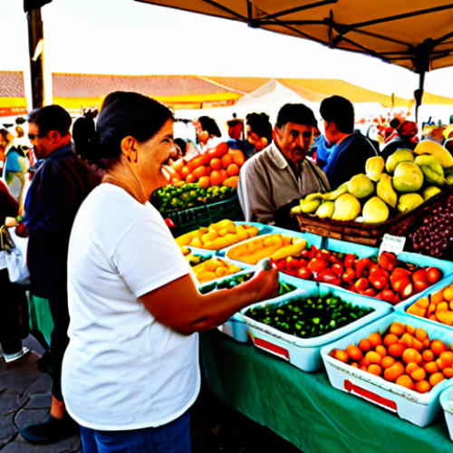 친환경 조리법의 최신 연구 결과 - Bustling Farmer's Market Scene**

"A vibrant Spanish farmer's market overflowing with colorful, seas...