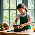 쌀과 곡물을 활용한 친환경 요리법 - **Ancestral Grains and a Sustainable Kitchen:**
    A vibrant, sun-drenched kitchen, adorned with ru...