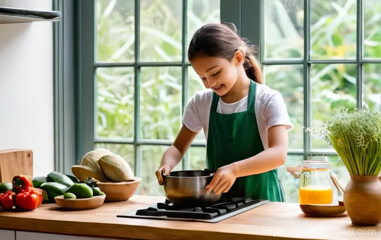 쌀과 곡물을 활용한 친환경 요리법 - **Ancestral Grains and a Sustainable Kitchen:**
    A vibrant, sun-drenched kitchen, adorned with ru...