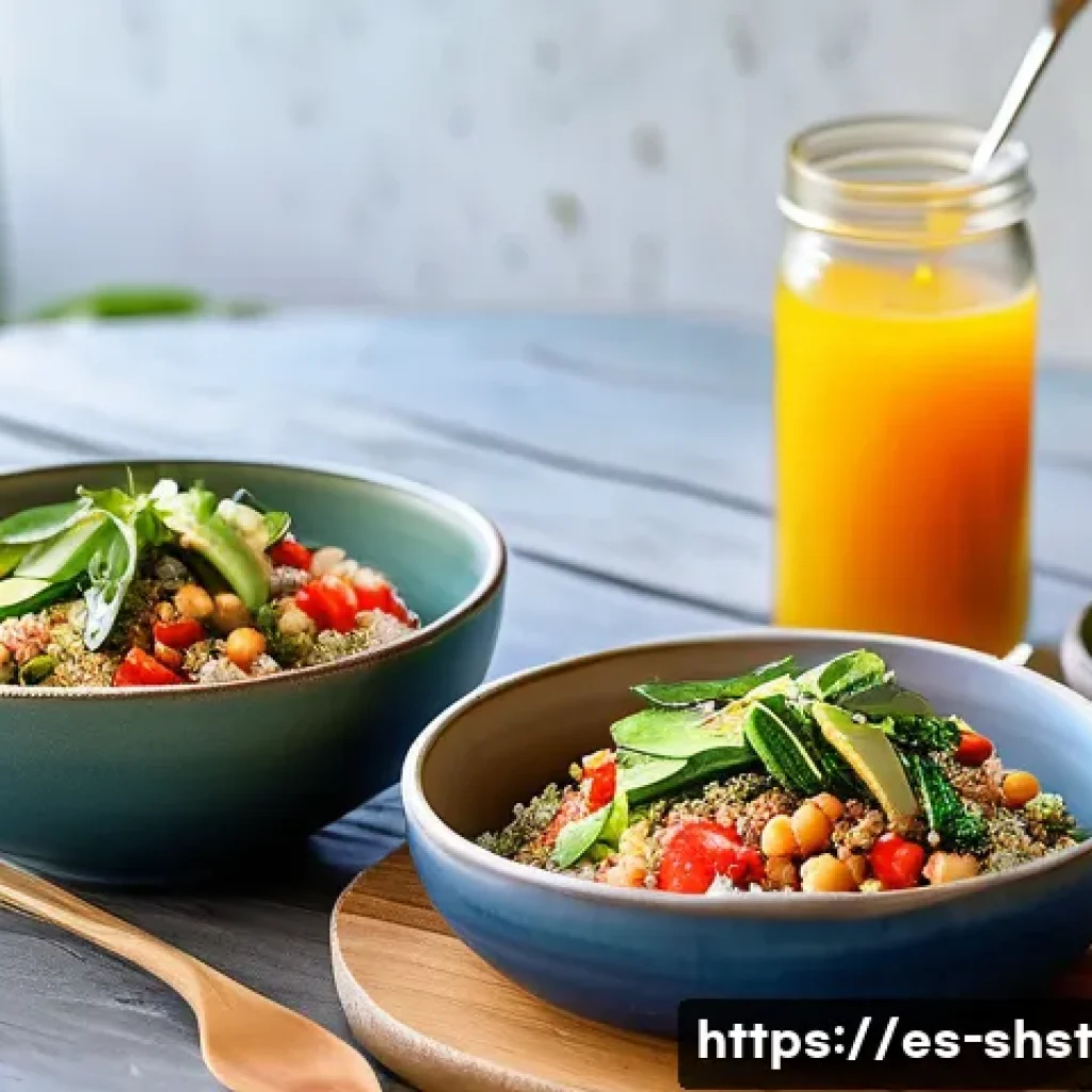친환경 조리법으로 만드는 간편한 도시락 - A vibrant eco-friendly lunch scene featuring a wooden table set outdoors in a sunny Mediterranean ga...