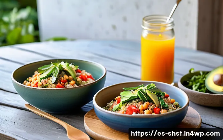친환경 조리법으로 만드는 간편한 도시락 - A vibrant eco-friendly lunch scene featuring a wooden table set outdoors in a sunny Mediterranean ga...