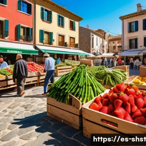 Home 33 영양소를 최대한 살리는 친환경 조리법 - A vibrant farmer’s market scene in a sunny Spanish village square, featuring fresh seasonal fruits a...