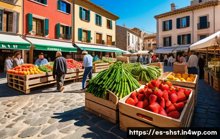 영양소를 최대한 살리는 친환경 조리법 - A vibrant farmer’s market scene in a sunny Spanish village square, featuring fresh seasonal fruits a...