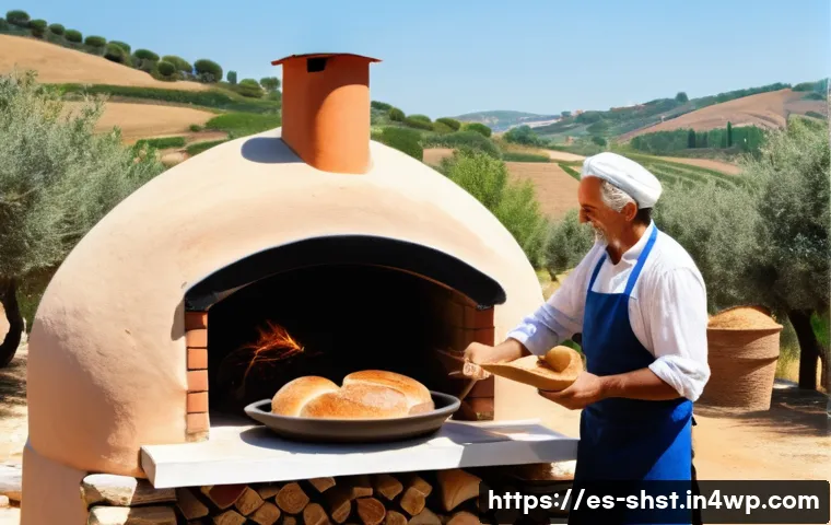 친환경 조리법을 위한 가정용 화덕 활용 - A rustic outdoor kitchen scene in a sunny Spanish countryside setting featuring a traditional wood-f...