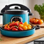 Home 18 친환경 조리법의 실천 사례 공유 - A modern Spanish kitchen scene showcasing efficient appliance use: a sleek electric pressure cooker ...