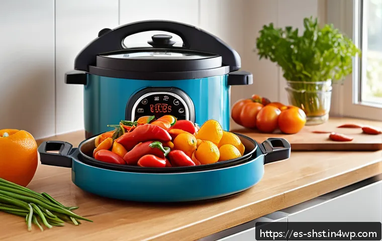 친환경 조리법의 실천 사례 공유 - A modern Spanish kitchen scene showcasing efficient appliance use: a sleek electric pressure cooker ...