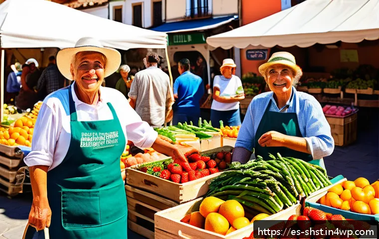 친환경 조리법에 대한 소비자 행동 분석 - A vibrant farmer’s market scene in a sunny Spanish town square, showcasing a variety of fresh season...